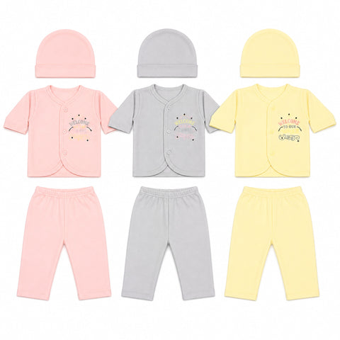 Three baby clothing sets arranged in a grid on a white background, each set including a soft hat, short-sleeve button-front top, and pants. The top row is light pink, light gray, and pale yellow, and the bottom row matches the corresponding colors.
