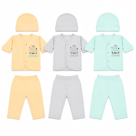 Six baby clothing sets arranged in a 3-by-2 grid on a white background, each set including a short-sleeve button-front cardigan, pants, and hat. The sets are in pastel yellow, light gray, and mint green, with one cardigan featuring a giraffe graphic.