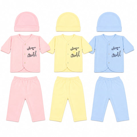 Three sets of baby clothing laid out on a white background: pink, yellow, and light blue snap-button tops with matching hats and pants. Each set has the words 'welcome world' printed on the front.
