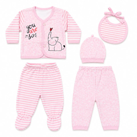 5 Pieces Imported Newborn Fleece Starter Set – Pink Elephant | Soft Winter Baby Clothing Set | 0+ Months