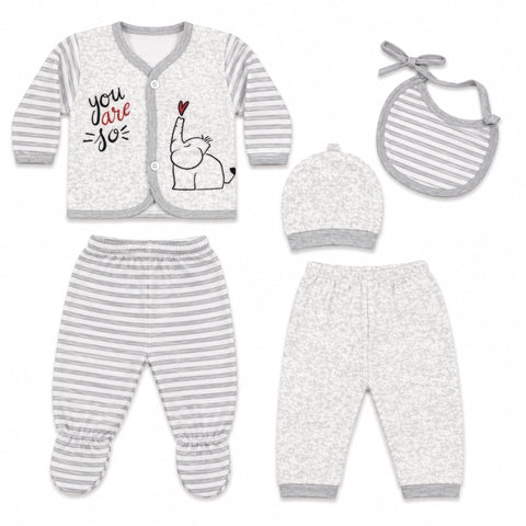5 Pieces Imported Newborn Fleece Starter Set – Grey Elephant | Soft Winter Baby Clothing Set | 0+ Months