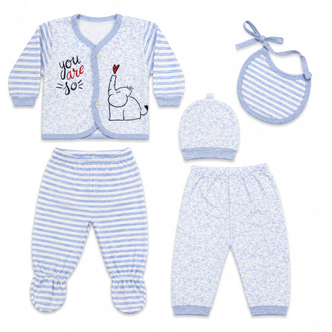 5 Pieces Imported Newborn Fleece Starter Set – Blue Elephant | Soft Winter Baby Clothing Set | 0+ Months