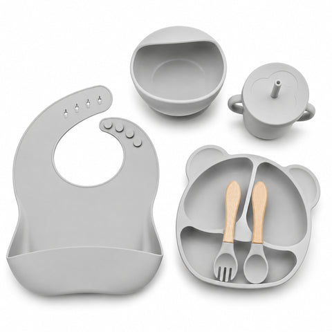 Silicone Baby Cutlery Set – 6 Pieces – Grey | BPA-Free Feeding Set