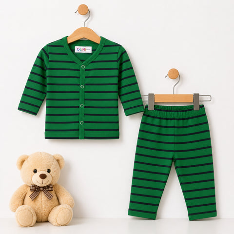 A two-piece baby clothing set consisting of a green and black striped long-sleeve cardigan and matching striped pants, displayed on wooden hangers next to a plush teddy bear.