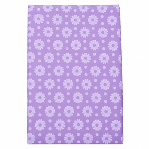 A rectangular purple item, likely a gift wrap, pouch, or book cover, featuring a repeating pattern of light purple daisies and small dots on a white background.