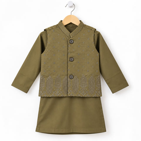 3-Piece Boys Waistcoat Kurta Trouser Suit – Wash & Wear Fabric – Olive | OLINI