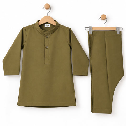 3-Piece Boys Waistcoat Kurta Trouser Suit – Wash & Wear Fabric – Olive | OLINI