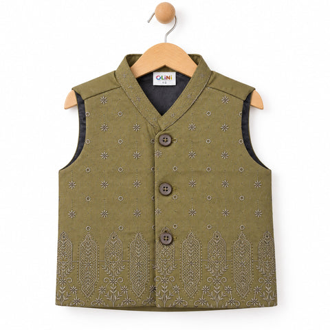 3-Piece Boys Waistcoat Kurta Trouser Suit – Wash & Wear Fabric – Olive | OLINI