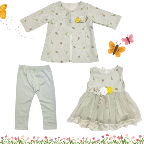 3 Pieces - Frock Set - Kites - Green