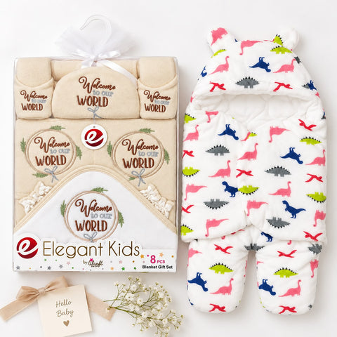 Elegant Kids by Lulu welcome baby gift set containing an 8-piece baby clothing set. The set includes a beige 3-piece outfit in the box and a white footless sleeper with colorful dinosaur prints, shown next to each other on a white background with decorative flowers and a card.