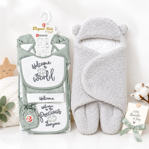 Newborn Welcome Bundle - Fleece Welcome Starter Set &  Fur Swaddling Blanket Grey