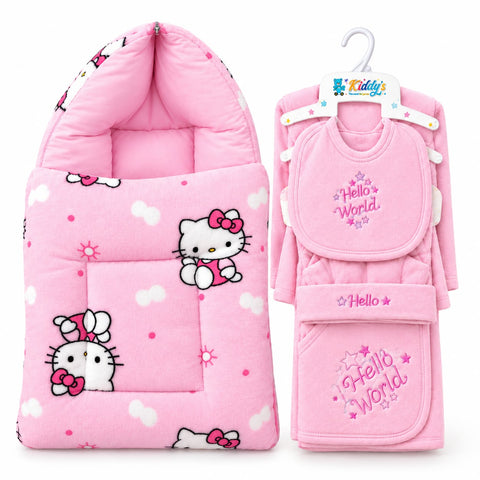 Newborn Welcome Bundle - 6 Pieces Fleece Starter Set World Pink & Fleece Hooded Carry Nest Pink Kitty
