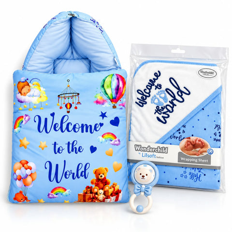 A baby gift set featuring a light blue hooded blanket with a colorful 'Welcome to the World' print, a matching blue and white wrapping sheet in packaging, and a blue and white pacifier clip, all on a white background.