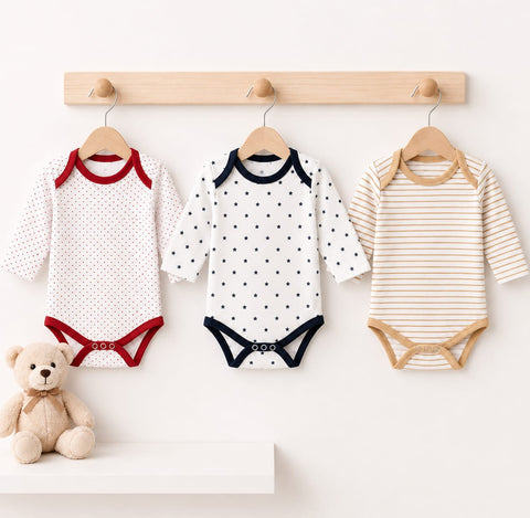 Three long-sleeve baby bodysuits hang on a wooden rack against a white wall. The left bodysuit is white with small red polka dots and red trim; the center bodysuit is white with small dark blue polka dots and dark blue trim; the right bodysuit is cream with thin tan stripes and tan trim.