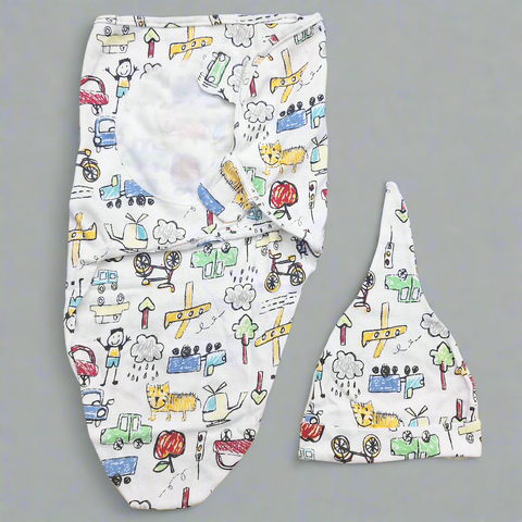 Swaddle With Cap - Clouds & Vehicles