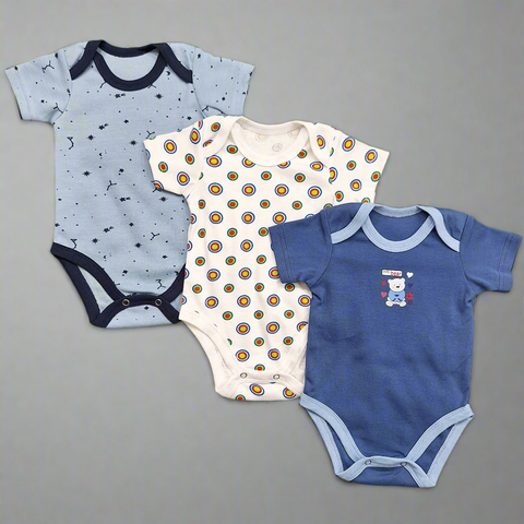 TBS - Pack of 3 - Short Sleeve Bodysuits - Blue - Bear & Circles