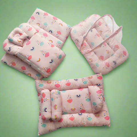 8 Pieces Bedding Set - Light Pink - Rainbow & Clouds