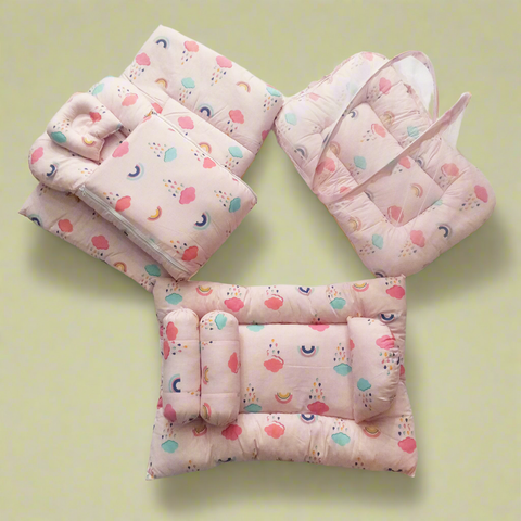 8 Pieces Bedding Set - Light Pink - Rainbow & Clouds