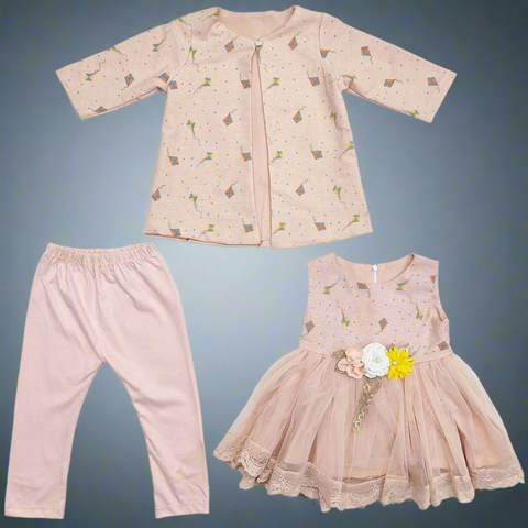 3 Pieces - Frock Set - Kites - Pink