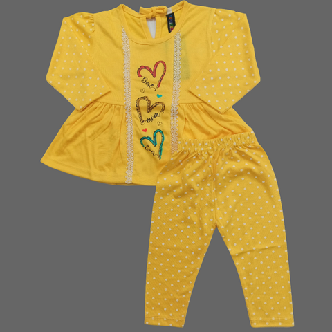 2 Pieces - Frock Set - Heart & Circles - Yellow