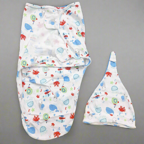 Swaddle With Cap - Blue - Sea