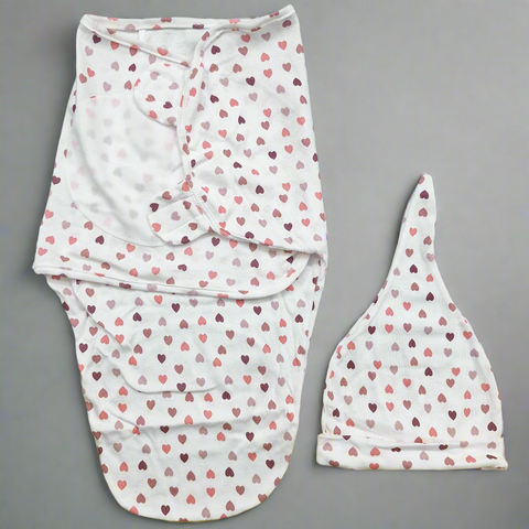 Swaddle With Cap - Pink & Maroon - Hearts