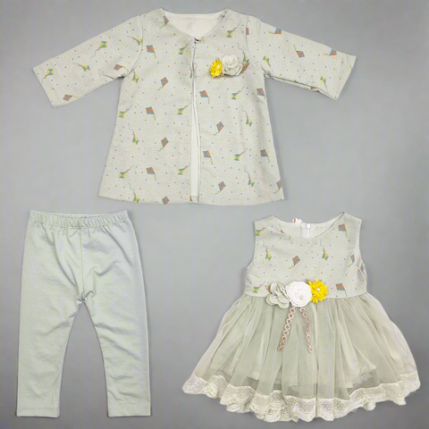 3 Pieces - Frock Set - Kites - Green