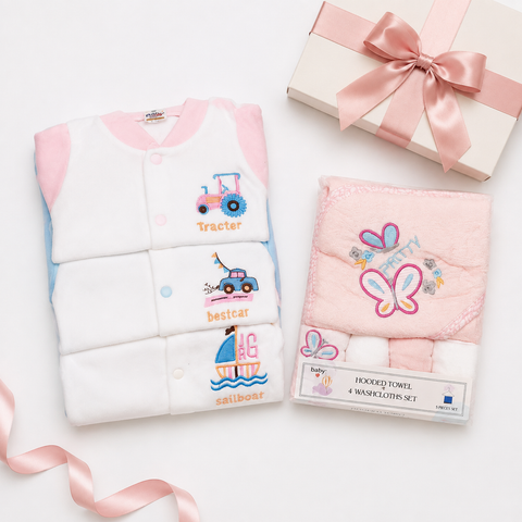 Newborn Welcome Bundle - 9 Pieces Newborn Fleece Clothing Set & Pink Buterfly Towel Set