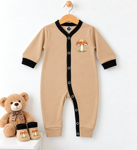 Cotton Jersey Baby Romper – Light Brown Mushroom | Soft & Comfortable | 0–24 Months