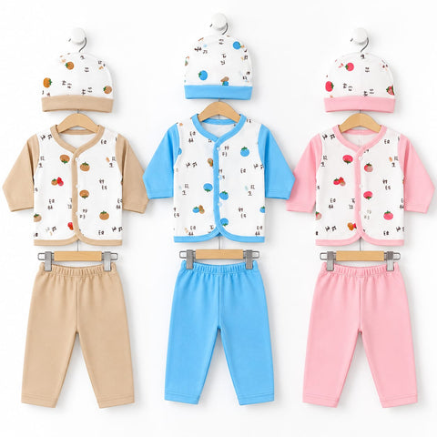 9 Pieces Newborn Fleece Clothing Set for Winter – 3 Shirts, 3 Trousers & 3 Caps | PBB Fruits - TBS