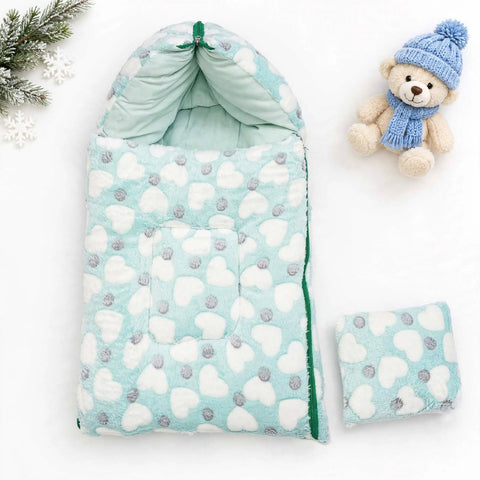 Fleece Hooded Baby Carry Nest – Green Hearts | Soft Newborn Sleeping Bag & Carry Bed