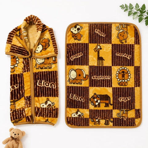 A children's fleece zip-up robe and matching square blanket shown flat on a white background. The robe is yellow and brown with cartoon animal prints and the word 'Lion' on the front.