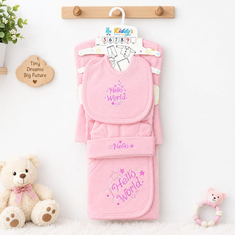 Newborn Welcome Bundle - 6 Pieces Fleece Starter Set World Pink & Fleece Hooded Carry Nest Pink Kitty