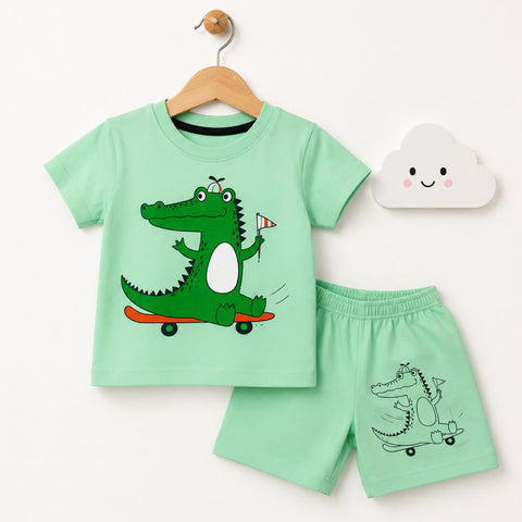 Cotton Jersey T-Shirt & Shorts - Light Green - Crocodile