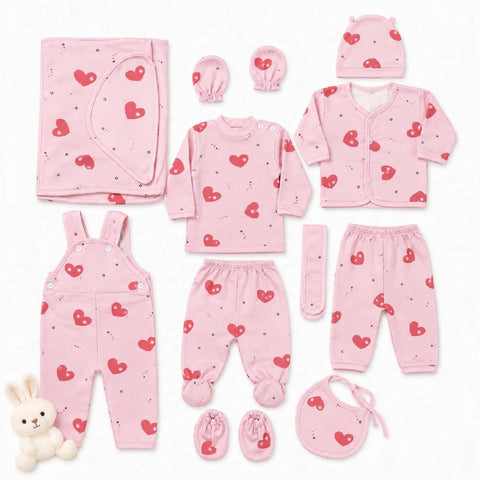 11 Pieces Imported Newborn Fleece Starter Set – Pink Hearts | Soft Winter Baby Clothing Set | 0+ Months