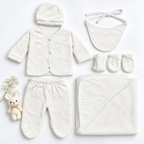 Newborn 8 Piece Plush Fleece Starter Set Hearts – White | Soft Winter Baby Clothing Set | 0+ Months