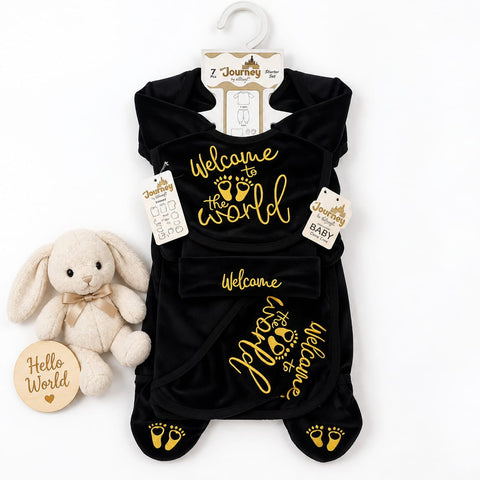 Newborn 7 Piece Velvet Starter Set Welcome Black | Soft Winter Baby Clothing Set | 0+ Months