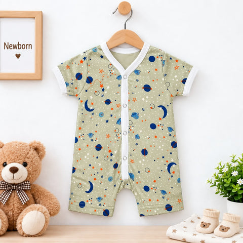 Baby Romper Short Leg – Light Green Planets | Soft Cotton Baby Romper 0–24 Months