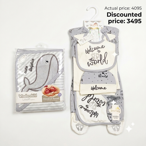 Newborn Welcome Bundle - Grey Welcome Starter Set & Grey Bath Towel