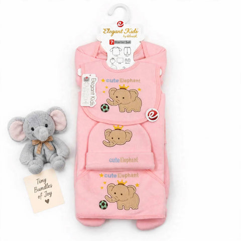 A pink Elephant Kids by Mark baby carrier set with three detachable elephant-themed pouches, shown hanging on a hanger with a plush elephant toy and a small card on a white background.