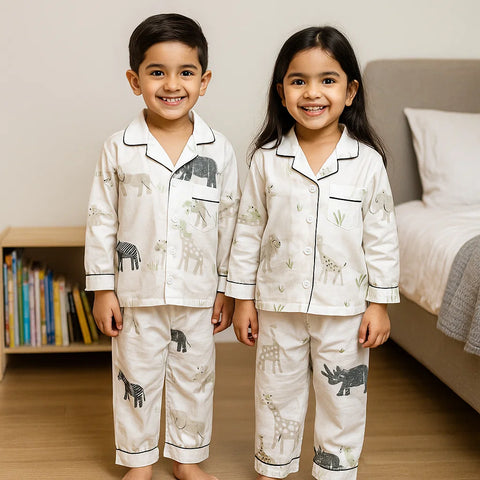 Collar Night Suit - Cotton - White - Animals Kingdom