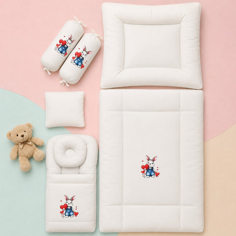 Newborn Cotton Bedding Set - 7 Pieces - White - Bunny