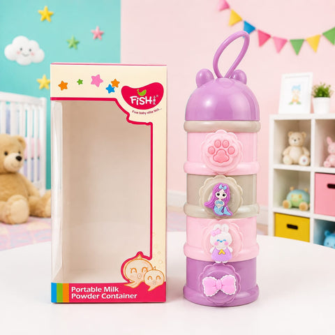 A portable milk powder container in pastel pink and purple stands next to its retail box on a white tabletop. The container has stacked compartments with cute character illustrations and paw-print details, and the box reads 'Portable Milk Powder Container' with the brand 'FISHi'.