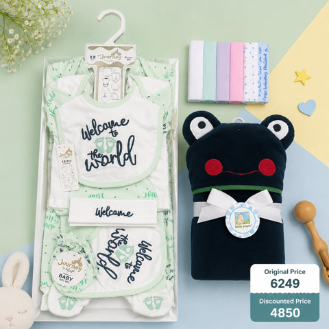 Newborn Welcome Bundle - Light Green Welcome Starter Set, Imported Bath Towel & Face Towel Pack