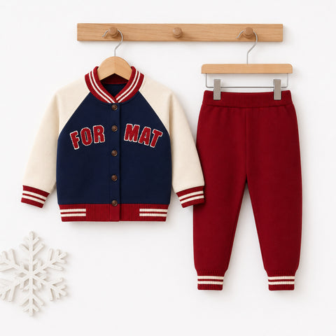 A children's two-piece knit outfit set hanging on wooden hangers against a white wall. The set includes a varsity-style cardigan with navy blue, cream, and red color blocking, and matching red jogger pants with cream ribbed cuffs and hem.