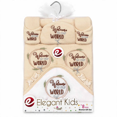 Elegant Kids 8-piece baby blanket gift set in beige and white, packaged in a clear plastic bag with a white ribbon and hanger. The set includes a footed blanket, swaddle, muslin, and various blankets printed with 'Welcome to Our World' in brown script with green leafy accents.