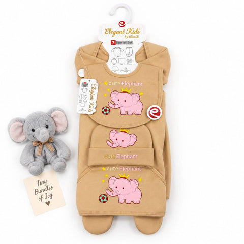 Newborn 7 Piece Fleece Starter Set Elephant Brown | Soft Winter Baby Clothing Set | 0+ Months
