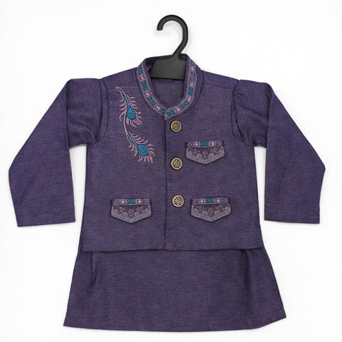 WG - 3 Pieces - Wash N Wear - Waist Coat Kurta Shalwar - Purple - Flower Bail (0-6 Months)