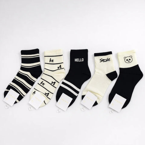 Tini Bear - Pair of 5 Socks - Black White - (Size L8-12)