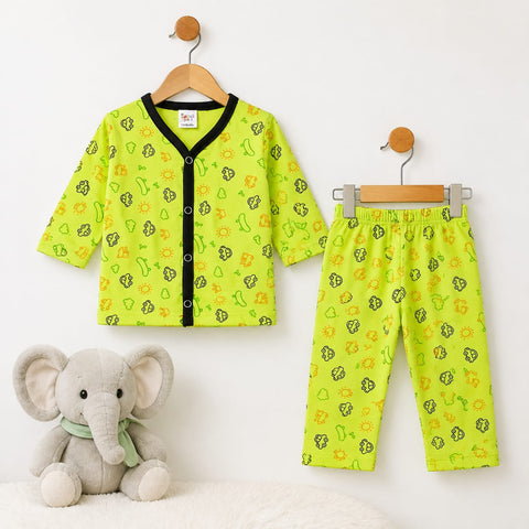 A baby two-piece outfit set consisting of a short-sleeve cardigan and matching pants in bright lime green, decorated with a playful pattern of cartoon animals and shapes. The cardigan features black trim along the V-neck and button placket.